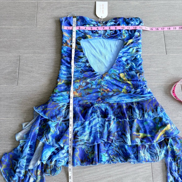 NWT OUTCAST CLOTHING KATIE STRAPLESS MINI DRESS AZURE FEATHER L Mesh Ruffle Y2K - Picture 13 of 15